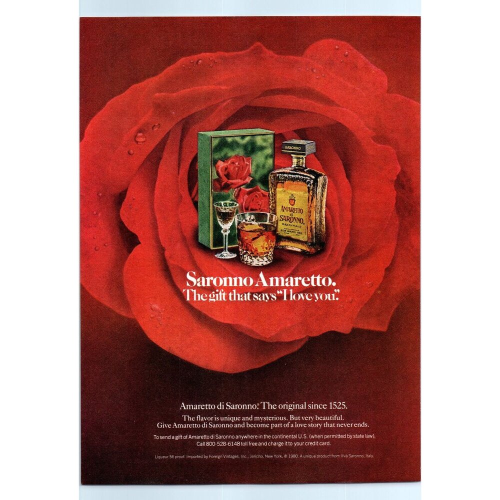 1981 Amaretto di Saronno Vintage Print Ad Red Rose Christmas Wall Art